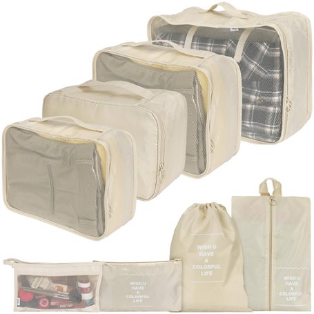 BELLE VOUS Lot de 8 Pochettes de Voyage Couleur Crème - Sac de Rangement Valise Multifonctionnel - Sac de Rangement Étanche et C