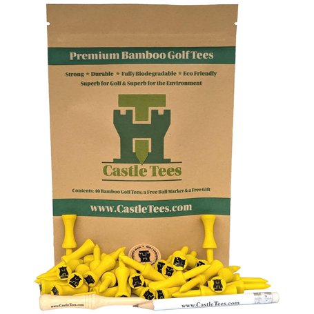 Castle Tees Lot de 40 tees de golf jaunes officiels en bambou de qualité supérieure - Outil de réparation