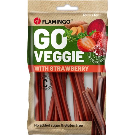 Flamingo Friandise Veggie pour Chien Bâton avec Fraise – 6 pièces de 12cm