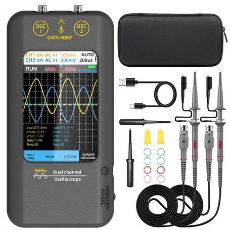 BSIDE Oscilloscope Numérique 2 canaux 50MHz Oscilloscope de poche Ecran tactile 3.98'' Oscilloscope Portable Générateur de Signa