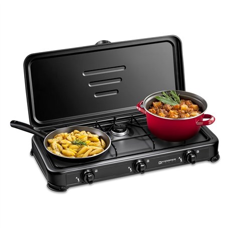KEMPER - Réchaud gaz portable 3 feux 3450W Noir Couvercle Plaque de cuisson
