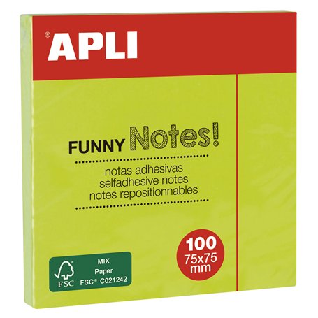 Apli 11899 - Notes adhésives "Funny notes" 75 x 75 mm - Bloc de 100 feuilles - Couleur vert fluo