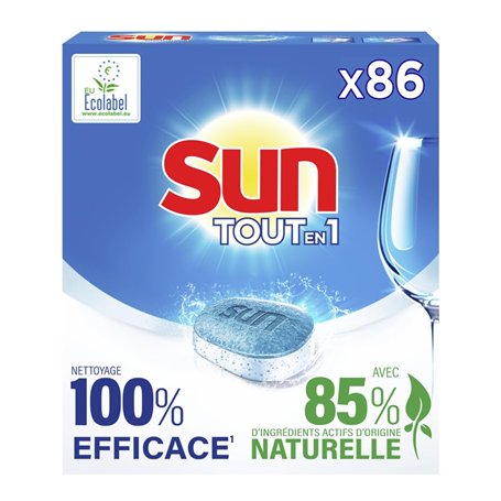 SUN - Pastilles Lave-Vaisselle Tout-en-1 - 86 Capsules - Regular - 85% d'ingrédients d'origine naturelle - Ecolabel - Made In Fr