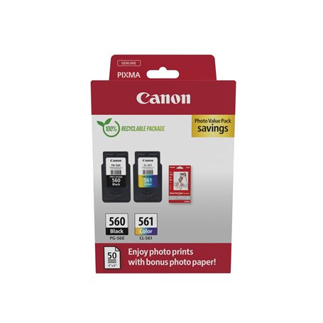 Canon PG-560 CL-561 Pack de 2 cartouches (1x Noir 1x Couleur) Certifié Canon + 50 feuilles Papier Photo Canon 10x15cm (Emballage