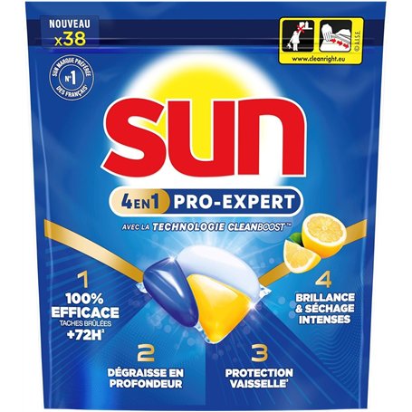 Sun - Pro Expert - Capsules Lave Vaisselle - Action 4 en 1 - Citron - Elimine 100% des taches brûlées de +72h - dégraissent en P