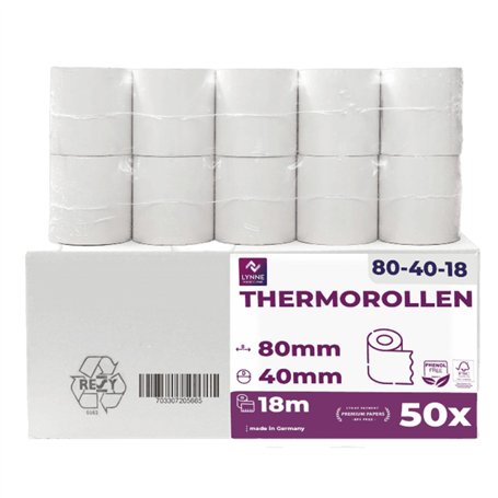 Lot de 50 rouleaux thermiques 80 mm x 40 mm x 12 mm - Pour caisse enregistreuse avec imprimante de tickets - Papier thermique -