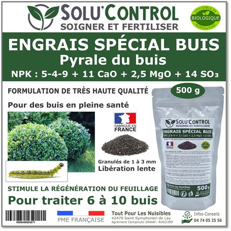Engrais Spécial Buis 500 g - SoluControl - Formulation haute qualité Organo-Minerale - Idéal après attaque de la chenille de la