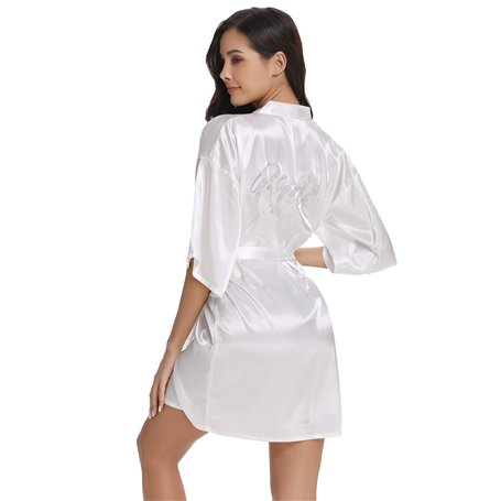 Vlazom Peignoir Satin Femme Robes de Chambre et Kimonos de Mariée Robes de Chambre Soie Court Kimono Col V avec Ceinture