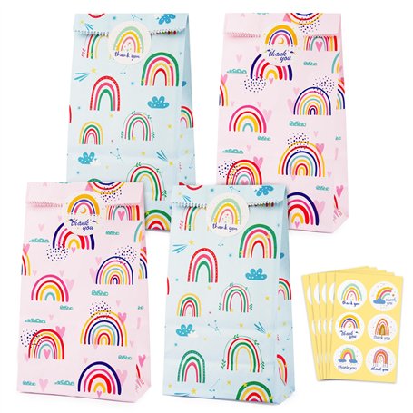 24pcs Sac Cadeau Papier 18x9x5cm Pochette Cadeau Arc-en-ciel Sachets à Bonbons Biscuit avec Autocollants Emballage Cadeau pour A