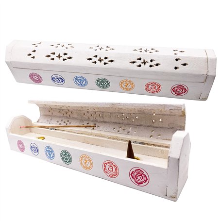Brûleur Encens (incendiaire) Boîte en Bois décorée à la Main en Inde - Design Exclusif Chakras Blanc 30