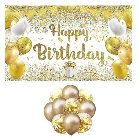 1 Morceau De Tissu De Fond De Bannière De Joyeux Anniversaire De 180 * 110 Cm Avec 10 Ballons à Paillettes Dorées