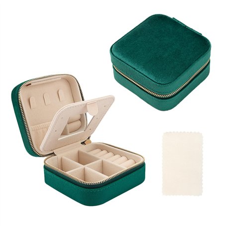 MEMOFYND 1 boîte à bijoux carrée en velours vert avec 1 chiffon de polissage en argent blanc
