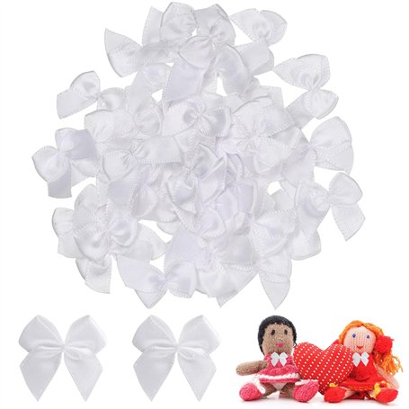 Lot de 100 mini nœuds en tissu satiné - Blanc - Petits nœuds en satin - Accessoires pour cheveux - Pour travaux manuels