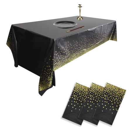 HXMJIED Lot de 3 nappes de Noël jetables en plastique avec confettis jetables - Noir et pois dorés - 137 x 274 cm