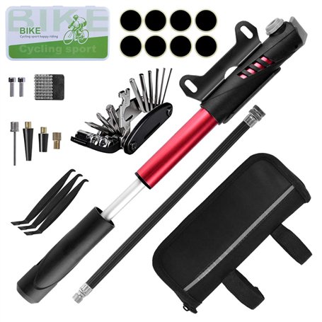 Qoosea Kit D'outils pour Vélo Outil de Réparation Sacoches avec Mini Pompe 120 PSI Outils Multifonction Pièce Crowbar pour Plein