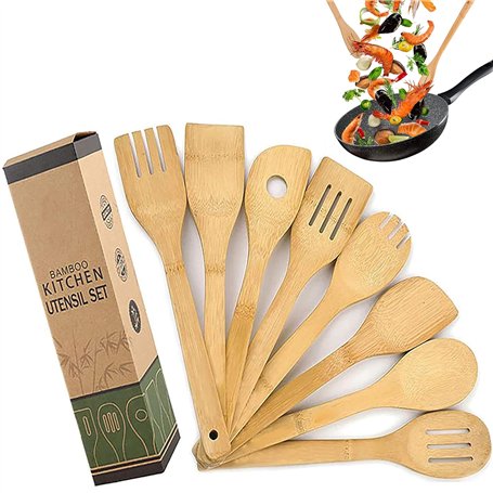 Lot de 8 Ustensiles de Cuisine en Bambou