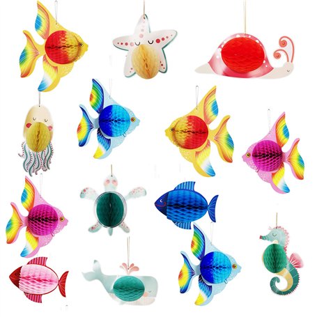 DUGYIRS 14 Pièces Découpes de Papier Nid D'abeille de Poissons Tropicaux Sous La Plage de La Mer Décorations Suspendues à Thème