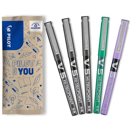 PILOT - Lot de 5 V5 - Stylos Roller à Encre Liquide à Pointe Fine pour une Écriture Fluide et Précise - Séchage rapide