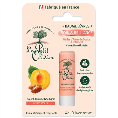 LE PETIT OLIVIER - Baume Lèvres Soin & Brillance - Huile D'Amande Douce et Abricot - Nourrit