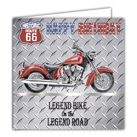 IETSCPMD6606 Carte HAPPY BIRTHDAY Argenté Carrée avec Enveloppe Blanche Format 15x15 cm - Route 66 Historic Road R66 - Moto Harl