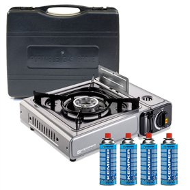 KEMPER - Réchaud à gaz NOMADE INOX 2200W + 4 cartouches gaz Allumage piezo Sécurité insert gaz