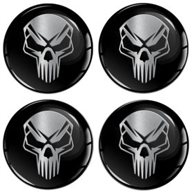 Biomar Labs 4 x 45mm Autocollant 3D Silicone pour Cache-Moyeu Enjoliveurs Centre de Roue Caches Emblème Crâne Noir Argent A 145