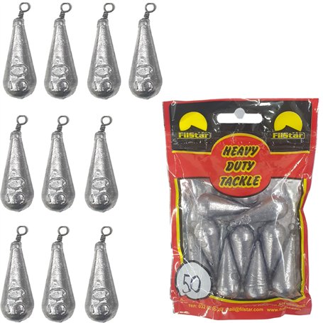 PRO FILSTAR Lot de 10 plombs de 50 g pour pêche en forme de poire - Avec émerillons - Pour la pêche de base - Pour la pêche de b