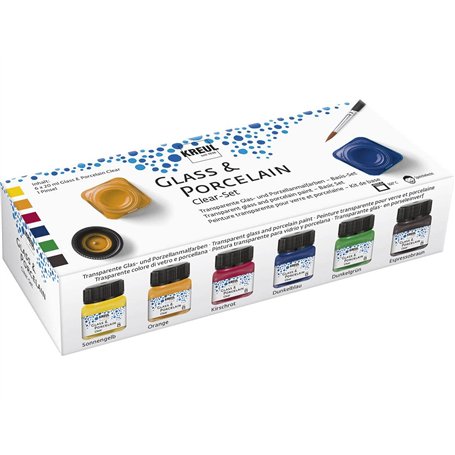 KREUL 16601 - Glass & Porcelain Clear Set de 6 pots de peinture transparente pour verre et porcelaine de 20 ml avec 1 pinceau Pe