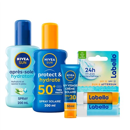NIVEA SUN - Coffret Protection Solaire - Crème Solaire Visage FPS 30 (50 ml) + Spray Protect & Hydrate FPS 50+ (200 ml) + Spray