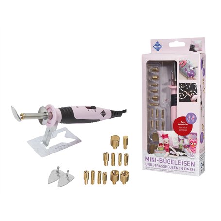 Pebaro 0211 Mini Fer à Repasser et applicateur de Strass avec 2 Embouts pour Fer à Repasser et 10 Embouts pour applicateur de St