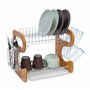 Relaxdays Égouttoir à vaisselle 2 étages en bambou Porte-couverts Bac de récupération crochets pour tasses et assiettes en métal