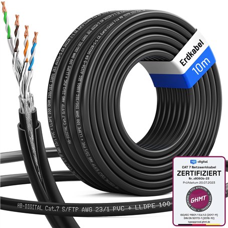 HB-DIGITAL Câble réseau d'extérieur CAT 7 de 10 m pour pose directe à la terre S/FTP AWG23/1 en cuivre pur - Double gaine PVC +