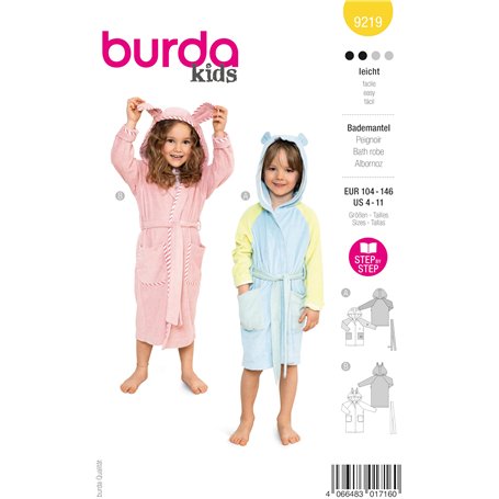 Burda kids Patron de couture #9219 Peignoir pour enfant avec oreilles d'animaux Niveau de couture 2 (léger) Taille 104-146