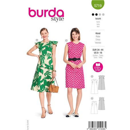 Burda style Patron de couture pour femme #5719 Robes d'été avec manches à ailes et robe midi sans manches Taille 34-44