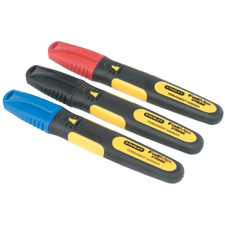 STANLEY 0-47-315 Lot De 3 Marqueurs Noir/Rouge/Bleu Gamme FATMAX - Corps Bi Matière - Pointe Fine - Marqueur Permanent Résistant