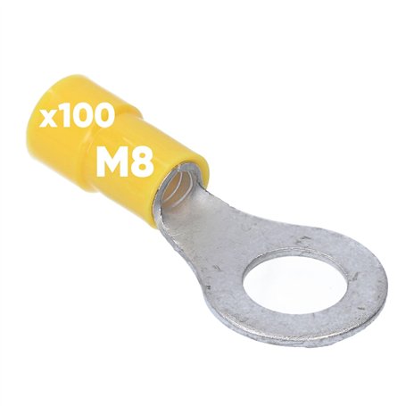 Kalitec RKSGM8 Lot de 100 cosses à anneau 4-6 mm² I Partiellement isolé M8 jaune I Cuivre I Collier en PVC I Pour connecter des