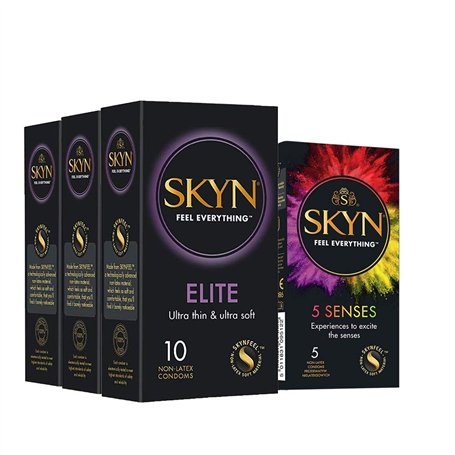 SKYN® Elite Preservatifs Sans Latex - Paquet de 3 x 10 Preservatifs et 5 Gratuites Paquet de 5 Senses