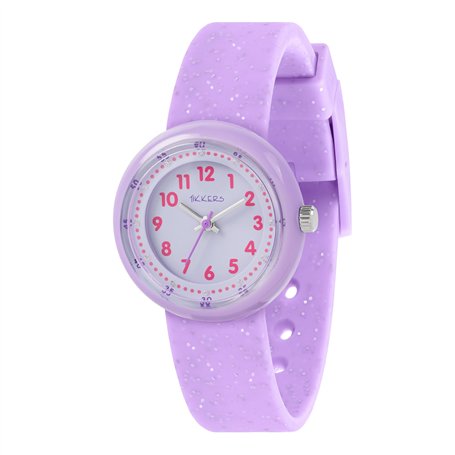 Tikkers Montre à quartz analogique pour apprendre à lire l'heure avec bracelet pailleté Violet