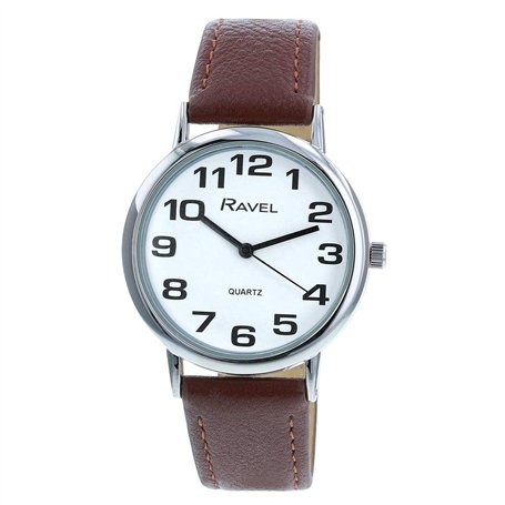 Ravel - Montre Bracelet Unisexe Facile à Lire avec de Gros Chiffres - Cadran Blanc/Ton argenté/Marron
