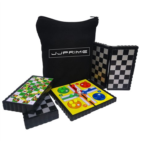 JJPRIME - 4 Populaire Classique Fun Voyage Jeux de société - Snake et Echelle Checkers Chess Ludo Compact Mini magnétique dés Je