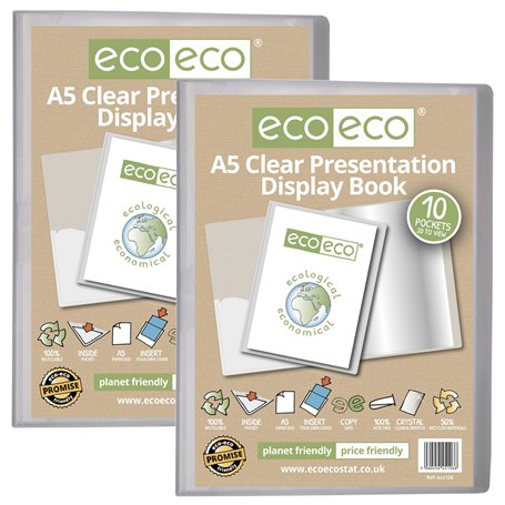 eco-eco Lot de 2 porte-vues transparents à 10 pochettes Format A5 50% recyclé avec pochettes en plastique
