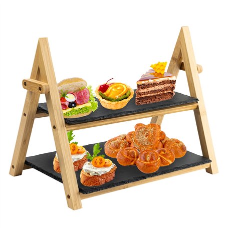 HEFTMAN Presentoir Aperitif Buffet à 2 Étages en Ardoise - Plateau de Service Presentation Gateau Rustique Pliable pour Thé de L