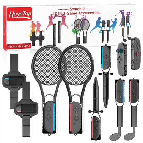 HEYSTOP Ensembles D'accessoires de Sport pour Manette Nintendo Switch 2 Kit D'accessoires de Jeu 10 en 1 avec Clubs de Golf
