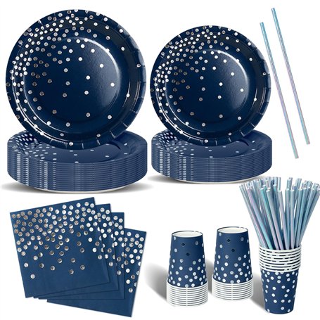 Nkaiso Anniversaire Vaisselle de fete 120 Pièces Bleumarine et Argent Party Assiette Anniversaire Set Comprendre Assiette Jetabl
