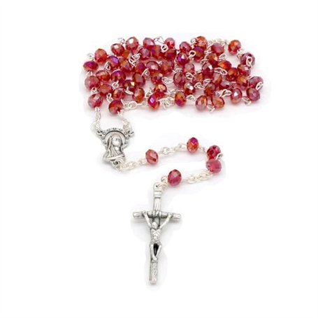 Holy Family Chapelet effet cristal rouge avec croisière avec l'image de Notre-Dame et Croix/Grains 6 mm/Collier chapelet religie