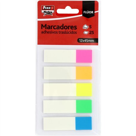 Fixo Notes | 125 marqueurs adhésifs en plastique translucides et repositionnables | 12 x 45 mm | Couleurs fluo | Écrire avec un