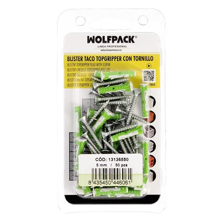 WOLFPACK LINEA PROFESIONAL - Blister Chevilles Topgripper bi-matière avec vis Ø 5 mm. 50 pièces Cheville d'ancrage Universelle