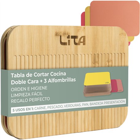 Lita Store Planche à découper multifonction en bois de bambou avec 3 tapis interchangeables flexibles PP Ustensiles de cuisine D