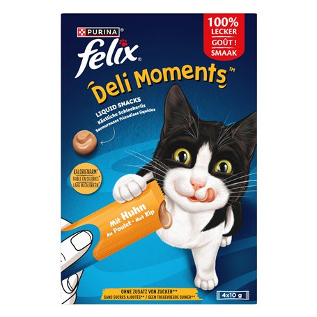 FELIX | Deli Moments | Chat |Savoureuses friandises liquides pour Chat et Chaton | Au Poulet | Sachets| Portion Individuelle |4x