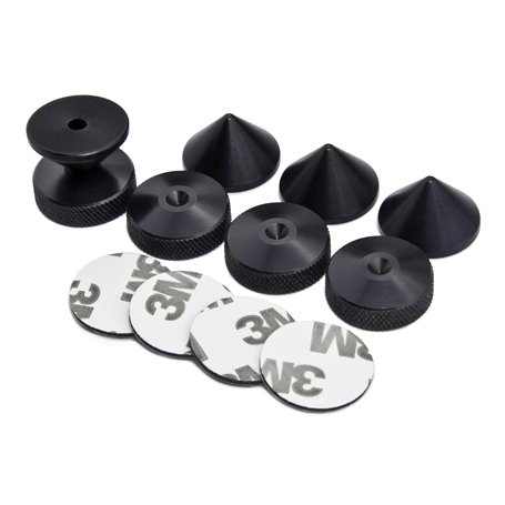 PrecisionGeek Jeu de Pointes et Patins d'enceinte diamètre 20 mm Pointes Coniques en Aluminium anodisé Noir Patins moletés sur L